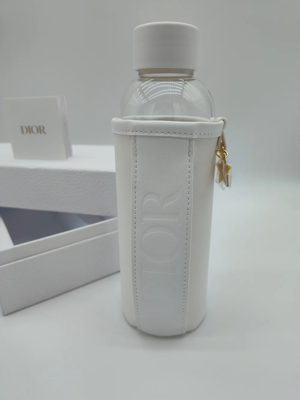 DIOR Exclusive Travel Water Bottle White Holder Gold Star Charm Gift Box NIB